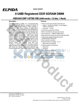 HB54A5129F1-10B datasheet - 512MB Registered DDR SDRAM DIMM