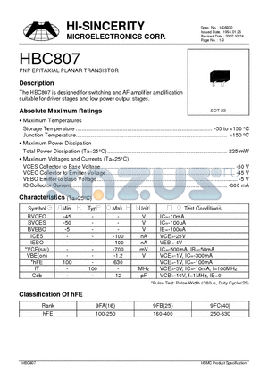 HBC807 datasheet - PNP EPITAXIAL PLANAR TRANSISTOR