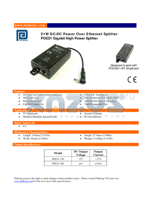 POE21-240 datasheet - 21W DC-DC Power Over Ethernet Splitter