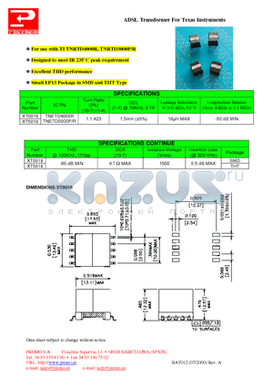 XT0018 datasheet - ADSL Transformer For Texas Instruments