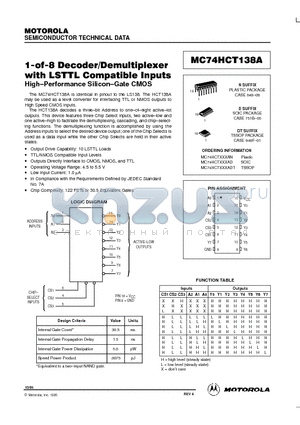 MC74HCT138AN datasheet - 1-of-8 Decoder/Demultiplexer with LSTTL Compatible Inputs