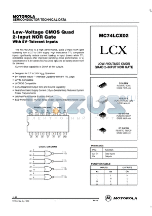 MC74LCX02 datasheet - LOW-VOLTAGE CMOS QUAD 2-INPUT NOR GATE