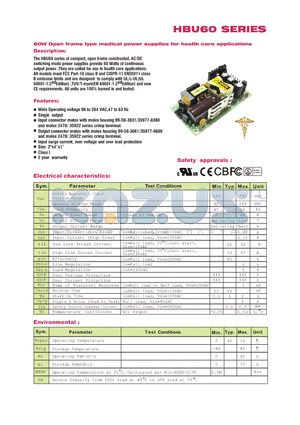 HBU60-107 datasheet - 60W Open frame type medical power supplies for health care applications