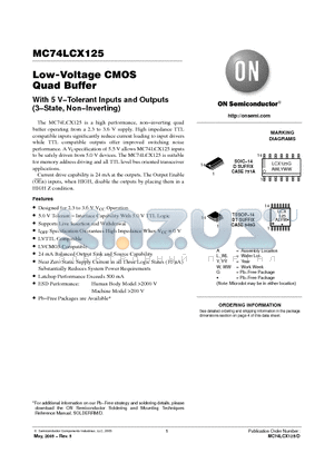 MC74LCX125DTR2G datasheet - Low-Voltage CMOS Quad Buffer With 5 V−Tolerant Inputs and Outputs (3−State, Non−Inverting)