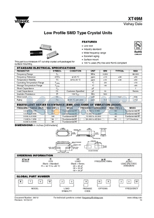 XT49MR20ME2 datasheet - Low Profile SMD Type Crystal Units