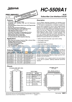 HC-5509A1 datasheet - SLIC Subscriber Line Interface Circuit
