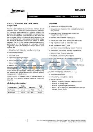 HC-5524 datasheet - EIA/ITU 24V PABX SLIC with 25mA Loop Feed