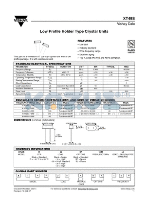 XT49SR-3012ME2 datasheet - Low Profile Holder Type Crystal Units