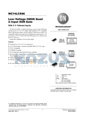 MC74LCX86DR2 datasheet - Low-Voltage CMOS Quad 2-Input XOR Gate With 5 V−Tolerant Inputs