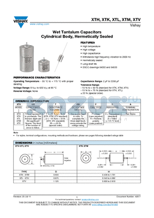 XTL datasheet - Wet Tantalum Capacitors Cylindrical Body, Hermetically Sealed