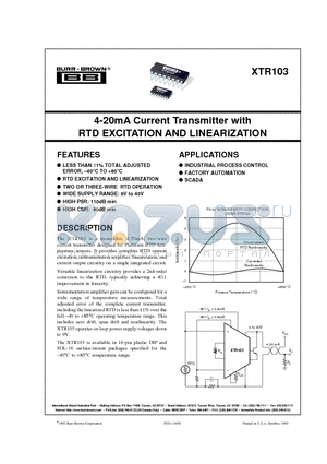 XTR103BU datasheet - 4-20mA Current Transmitter with RTD EXCITATION AND LINEARIZATION