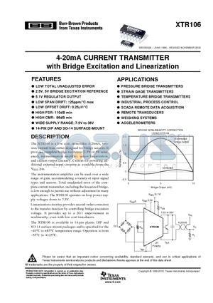 XTR106UAG4 datasheet - 4-20mA CURRENT TRANSMITTER with Bridge Excitation and Linearization
