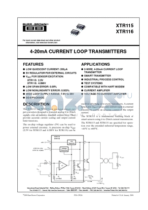 XTR116UA datasheet - 4-20mA CURRENT LOOP TRANSMITTERS