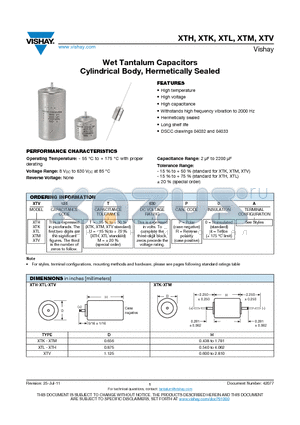 XTV datasheet - Wet Tantalum Capacitors Cylindrical Body, Hermetically Sealed