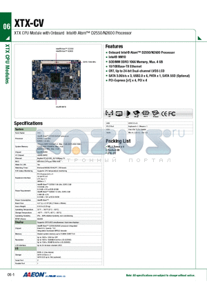 XTX-CV datasheet - XTX CPU Module with Onboard Intel Atom D2550/N2600 Processor