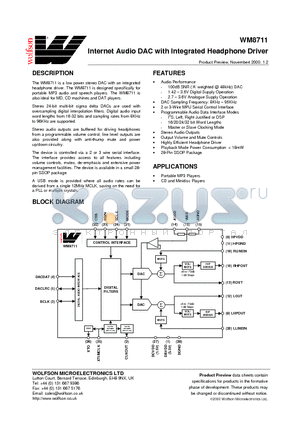 XWM8711EDS datasheet - Internet Audio DAC with Integrated Headphone Driver