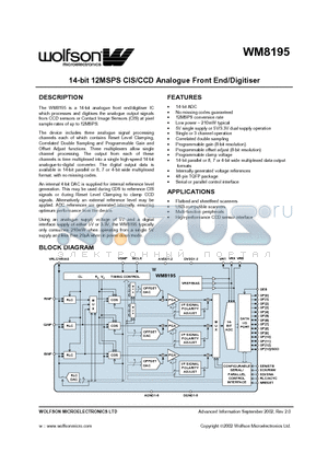 XWM8195CFT datasheet - 14-bit 12MSPS CIS/CCD Analogue Front End/Digitiser