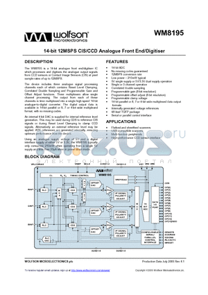 XWM8195SCFT/V datasheet - 14-bit 12MSPS CIS/CCD Analogue Front End/Digitiser