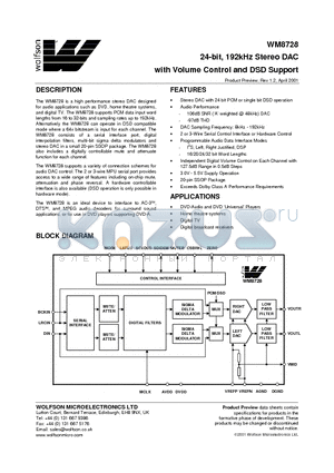 XWM8728EDS datasheet - 24-bit, 192kHz Stereo DAC with Volume Control and DSD Support