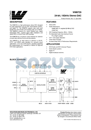 XWM8729ED datasheet - 24-bit, 192kHz Stereo DAC