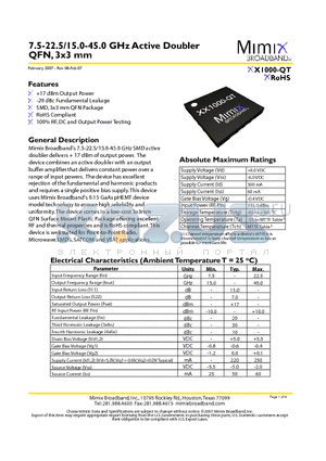 XX1000-QT-0G00 datasheet - 7.5-22.5/15.0-45.0 GHz Active Doubler QFN, 3x3 mm