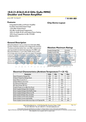 XX1001-BD datasheet - 18.0-21.0/36.0-42.0 GHz GaAs MMIC Doubler and Power Amplifier