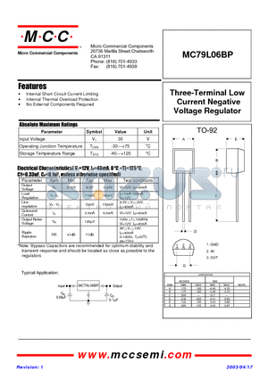MC79L06BP datasheet - Three-Terminal Low Current Positive Voltage Regulator