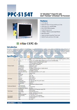 PPC-S153STAND datasheet - 15 UltraSlim Panel PC with Intel^ Pentium^ 4/Pentium^ M Processor