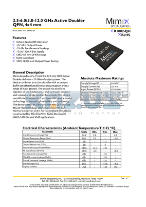 XX1002-QH-0G00 datasheet - 2.5-6.0/5.0-12.0 GHz Active Doubler QFN, 4x4 mm