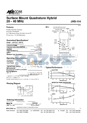 JHS-114 datasheet - Surface Mount Quadrature Hybrid 20 - 40 MHz