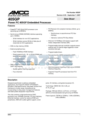 PPC405GP-3FE200C datasheet - Power PC 405GP Embedded Processor