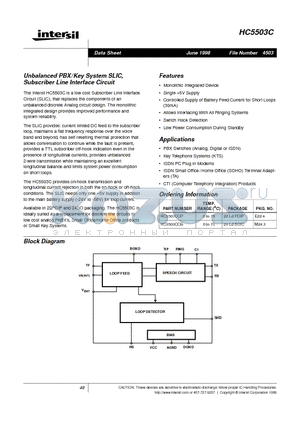 HC5503CCP datasheet - Unbalanced PBX/Key System SLIC, Subscriber Line Interface Circuit