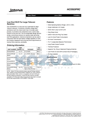 HC5503PRCRZ96 datasheet - Low Cost SLIC For Large Telecom Switches