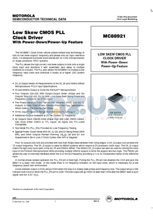 MC88921DW datasheet - LOW SKEW CMOS PLL CLOCK DRIVER With Power-Down/ Power-Up Feature