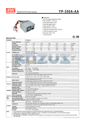 YP-350A-AA datasheet - 250WATX PC Power Supply