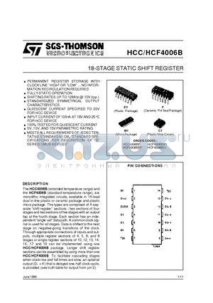 HCF4006BEY datasheet - 18-STAGE STATIC SHIFT REGISTER