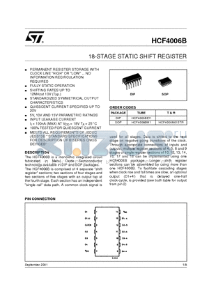 HCF4006B datasheet - 18-STAGE STATIC SHIFT REGISTER