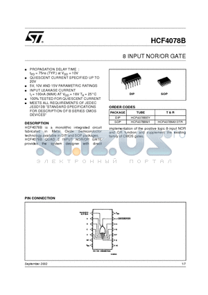 HCF4078BEY datasheet - 8 INPUT NOR/OR GATE