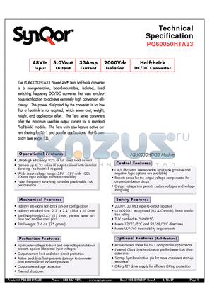 PQ60050HTA33PKS datasheet - Half-brick DC/DC Converter