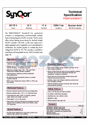 PQ60120QEB17NRS datasheet - Quarter-brick DC-DC Converter