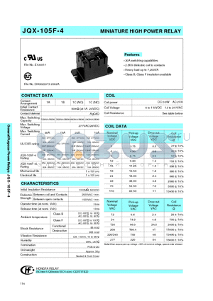 JQX-105F-4ACK1ZNIL datasheet - MINIATURE HIGH POWER RELAY