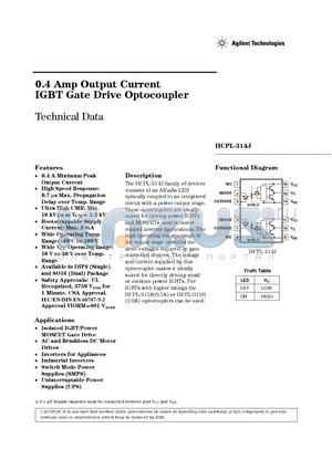 HCPL-314J datasheet - 0.4 Amp Output Current IGBT Gate Drive Optocoupler