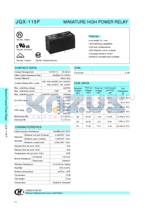 JQX-115F/1101HS2.3 datasheet - MINIATURE HIGH POWER RELAY