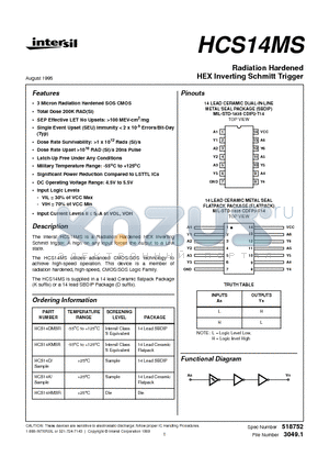 HCS14K datasheet - Radiation Hardened HEX Inverting Schmitt Trigger