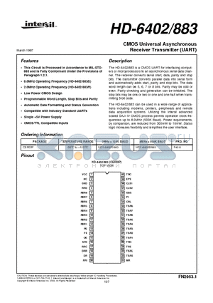 HD-6402883 datasheet - CMOS Universal Asynchronous Receiver Transmitter (UART)