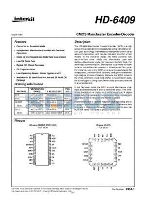 HD-6409 datasheet - CMOS Manchester Encoder-Decoder