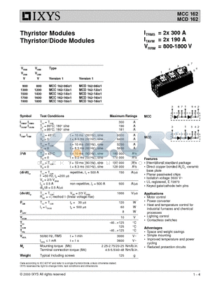 MCC162-12IO1 datasheet - Thyristor Modules Thyristor/Diode Modules