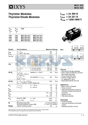 MCC225 datasheet - Thyristor Modules Thyristor/Diode Modules