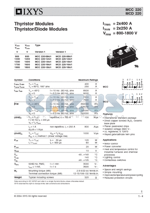 MCC220-12IO1 datasheet - Thyristor Modules Thyristor/Diode Modules