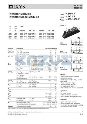 MCC26-14IO1B datasheet - Thyristor Modules Thyristor/Diode Modules
